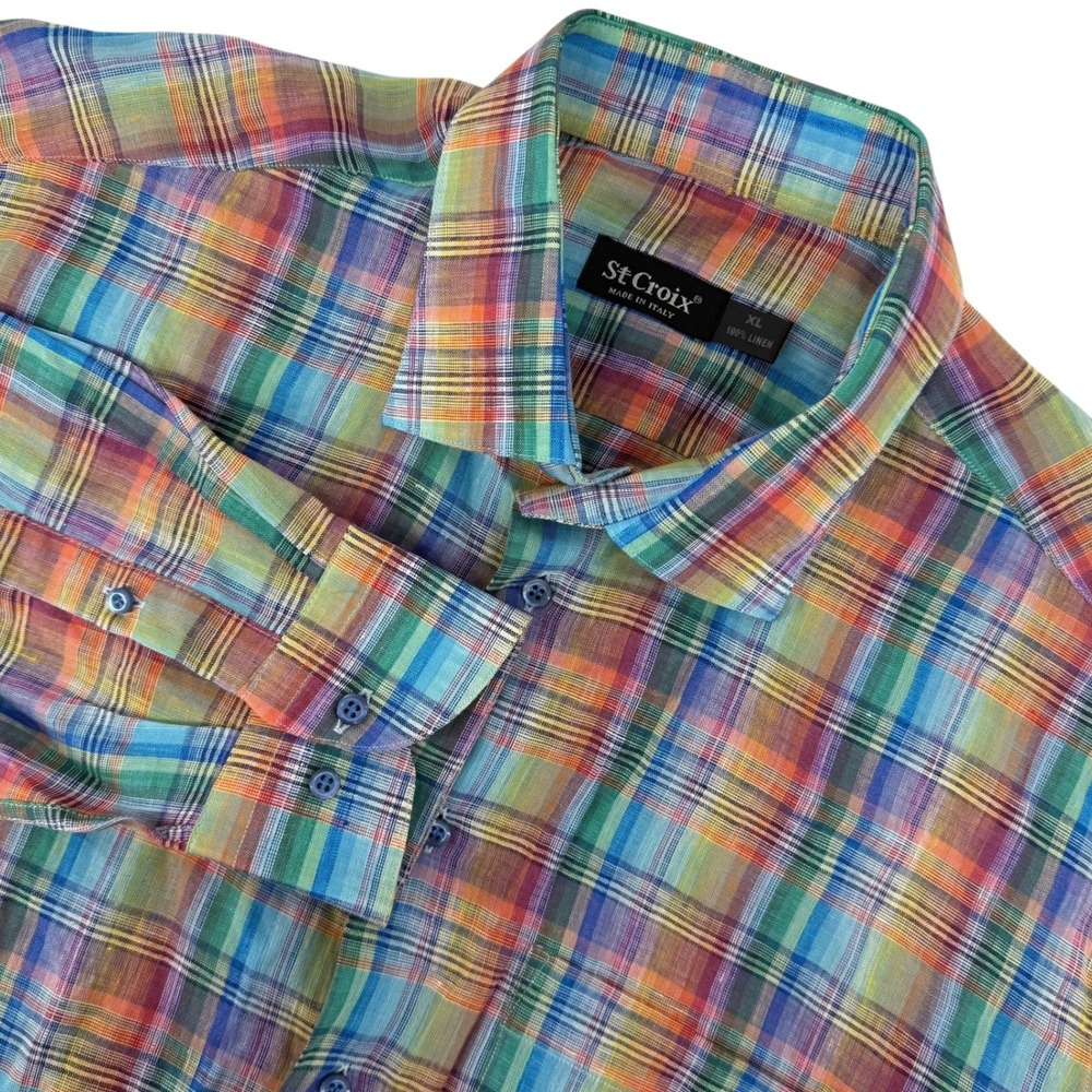 St Croix Mens XL‎ 100% Linen Button Down Shirt Multi Color Plaid Made in Italy